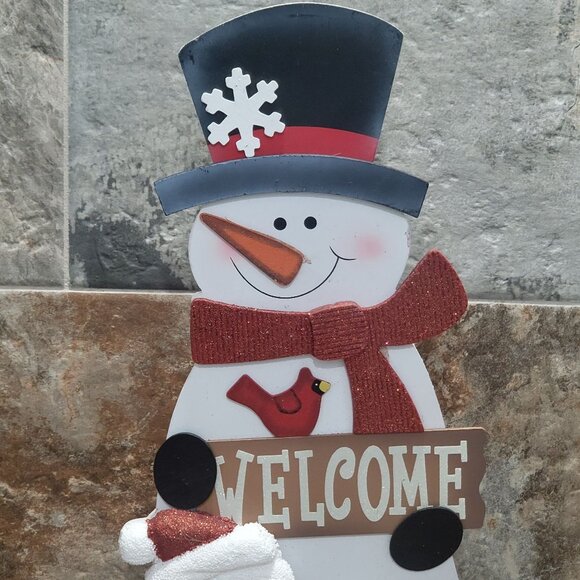 Welcome Front Door Sign Christmas Decor Wooden Welcome Snowman Hand Painted - Picture 6 of 9